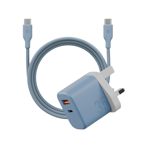 Bazic Go Port Velox Kit Bundle 1-Port USB-C & 1-Port USB-A PD 35W Wall Charger with Weave USB-C to USB-C 60W Cable - Bubblegum Blue 