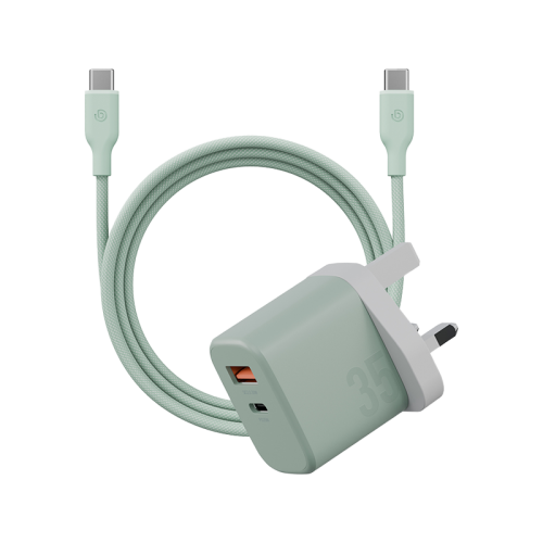 Bazic Go Port Velox Kit Bundle 1-Port USB-C & 1-Port USB-A PD 35W Wall Charger with Weave USB-C to USB-C 60W Cable - Pistachio Green